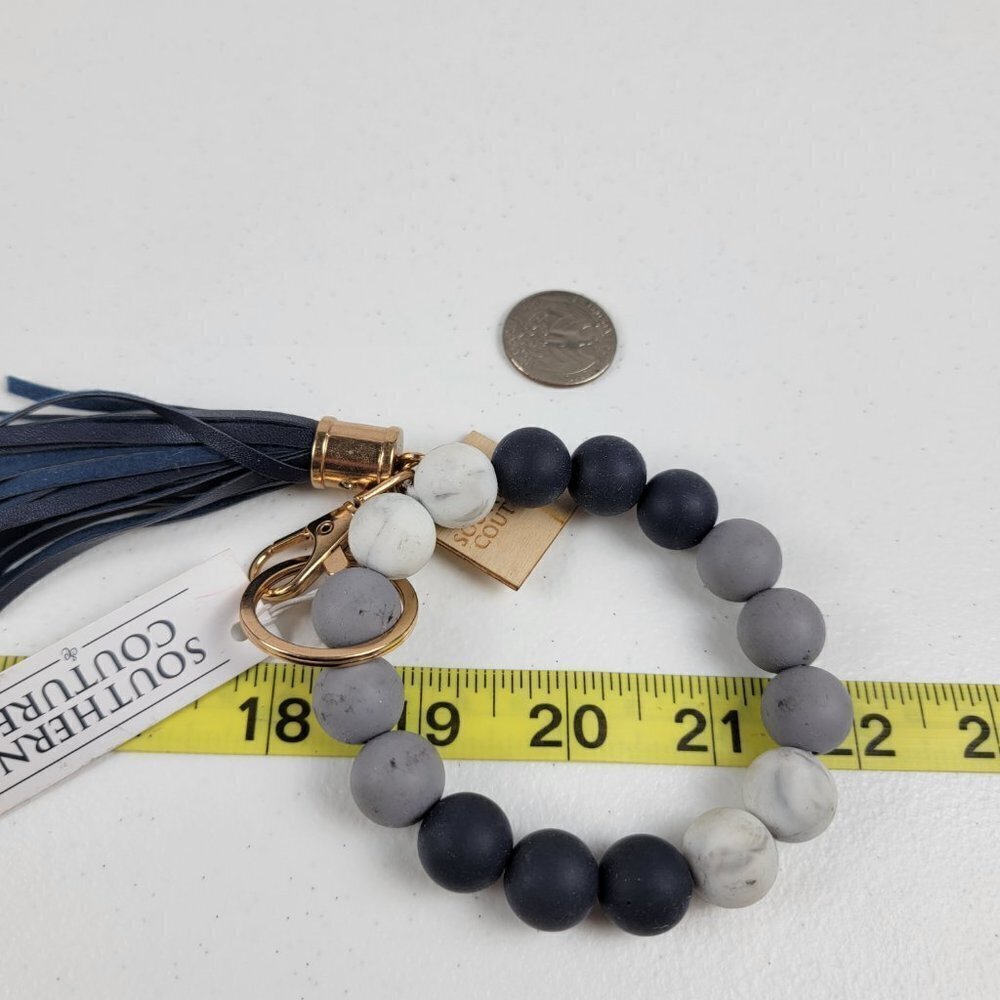 Southern Couture Silicone Beaded Bracelet Keychain Tassel Gray One Size Stretch - Picture 8 of 8